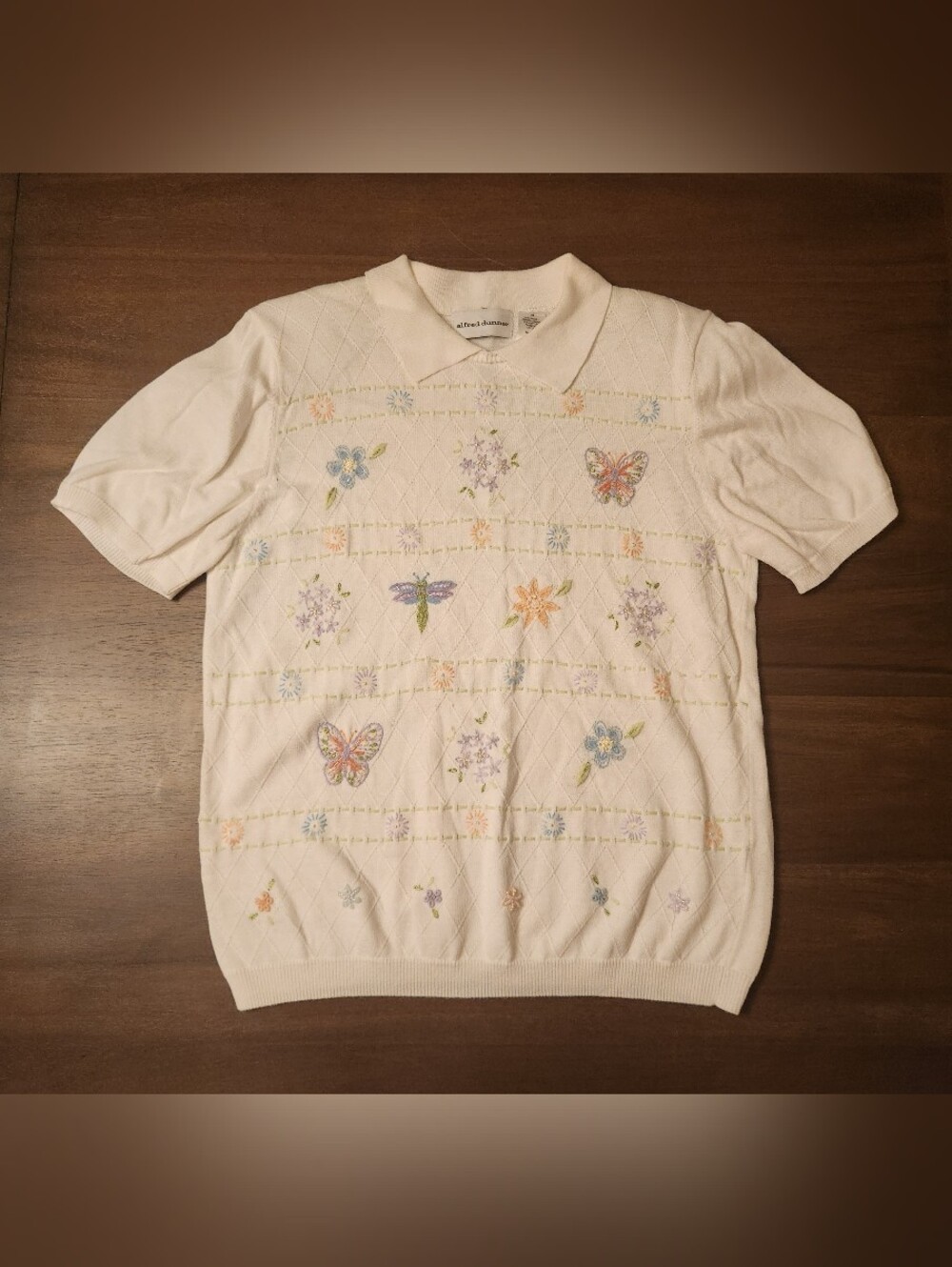 Alfred Dunner White Scoop Neck Knit Sweater With Beaded Embroidery.